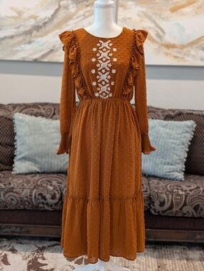 Rust Orange Long Sleeve Swiss Dot Midi Dress with White Embroidery